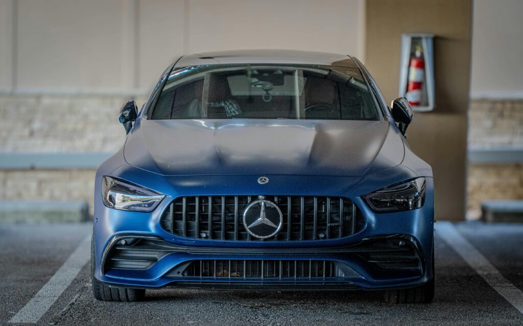 Front view of a stylish blue Mercedes with Paint protection ppf